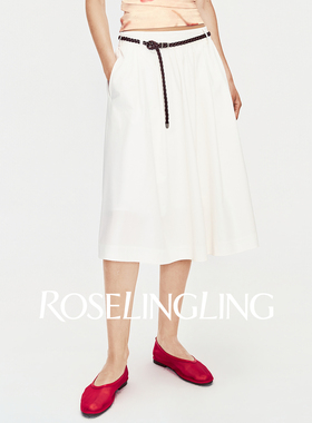 ROSELINGLING经典复古夏日严选天丝棉橡筋腰头立体倒褶感伞裙半裙