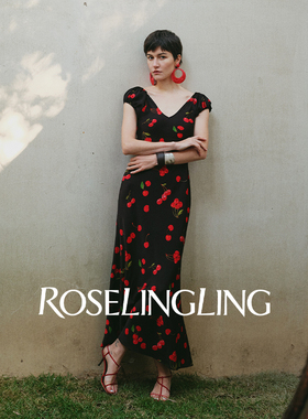 ROSELINGLING原创复古樱桃印花连衣裙 多穿一字肩V领醋酸度假裙夏
