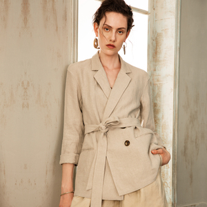 RLL优雅百搭纯亚麻杏米白印花棉麻小西服 混纺三色长袖西装外套女