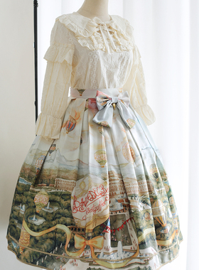 热气球水彩油画柄优雅cla系SK学院夏季lolita半身裙中长裙