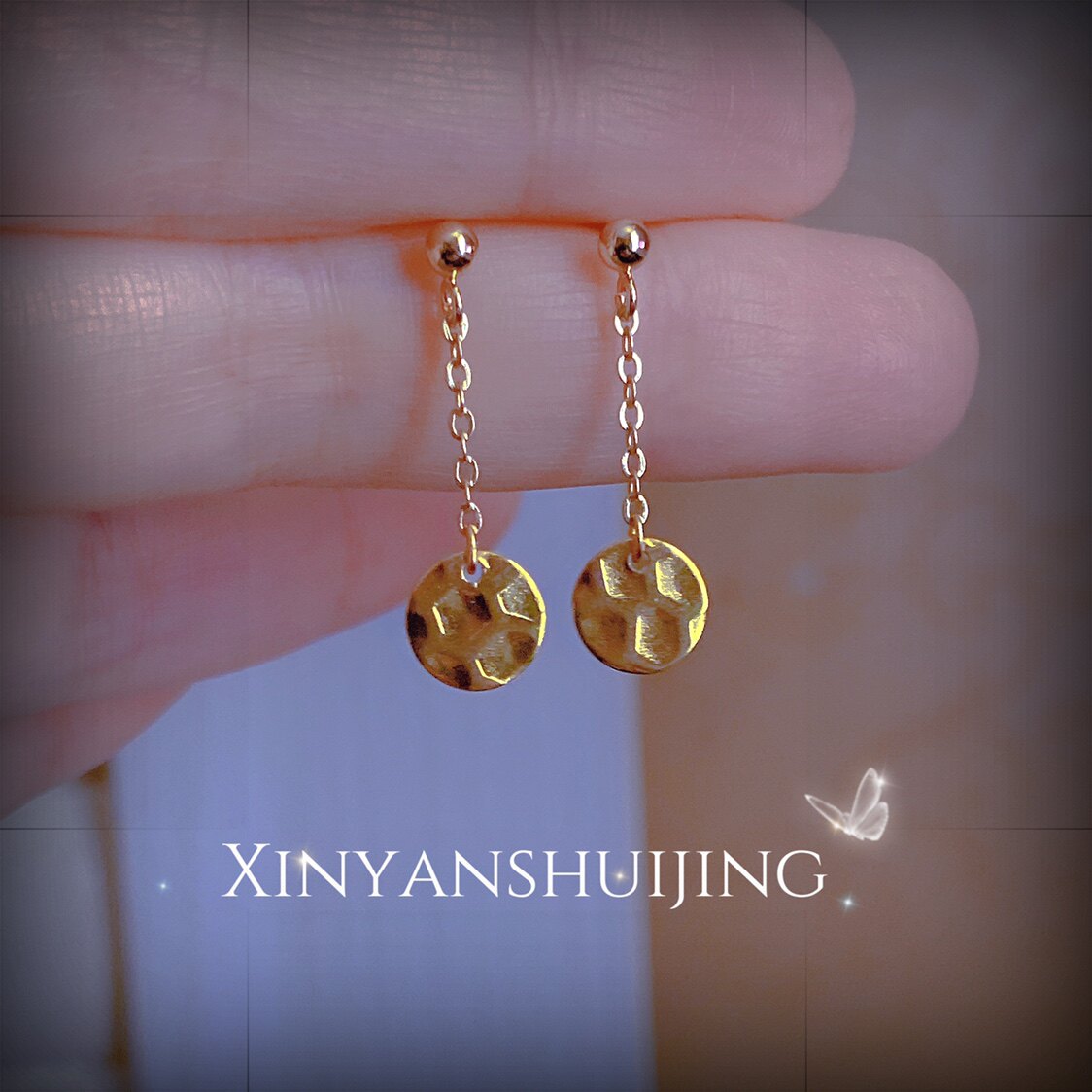 耳钉耳环女瘦脸原创手工链条14K包金圆片耳饰纯银针女神ins耳坠