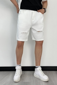 B3609-P45黑白色破洞牛仔短裤男弹力腰头宽松大码中裤直筒五分裤图片