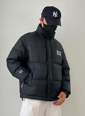 8801-P178立领羽绒服男士港风宽松大码加绒加厚面包服字母外套