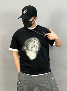 A8005-P60夏季新款美式复古人物印花短袖T恤男宽松圆领半袖上衣