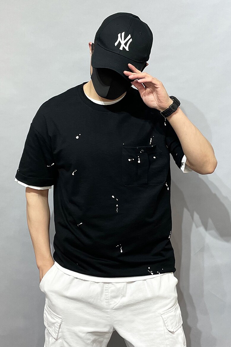 A8025p60夏季新款男士圆领短袖T恤宽松喷漆工装上衣潮牌半袖体恤,男装T恤,星座1305