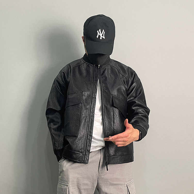 28342-P185复古pu皮衣外套男潮牌高街宽松一套搭配机车服夹克套装,男装夹克,星座1305
