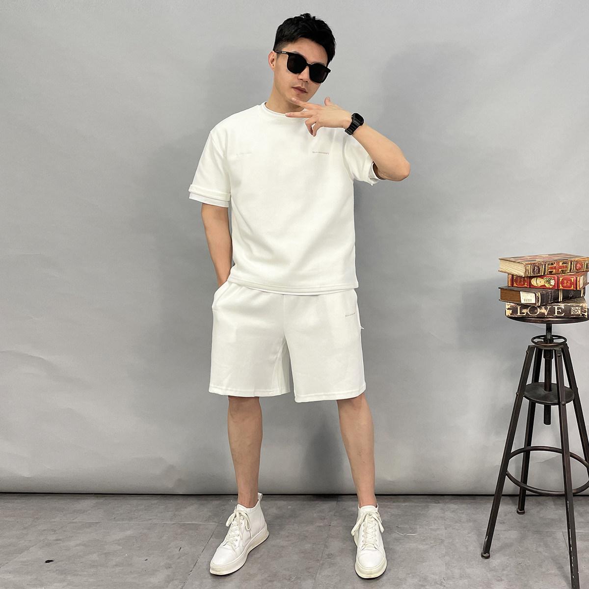 21013-p115夏精品新款宽松休闲纯色情侣短袖T恤短裤高品质套装,男装休闲套装,星座1305