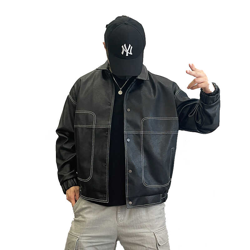 28197-P185新款皮衣男宽松大码机车服外套潮牌美式复古翻领PU夹克,男装夹克,星座1305