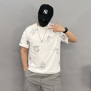 8043-p60夏季精品男士圆领短袖T恤宽松大码休闲印花上衣潮牌半袖图片