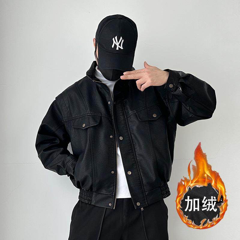 C05-新款日系美式立领男皮衣加绒加厚宽松大码夹克机车服XZ1305，男装夹克，星座1305