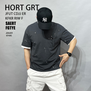 宽松油漆点短袖 T恤男纯棉爆款 大码 8025p70控115男2021新潮牌工装