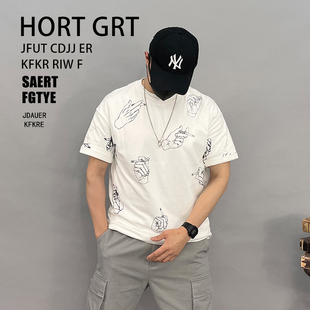 宽松印花短袖 A8043p70控115男2021新潮牌日系大码 T恤男纯棉爆款