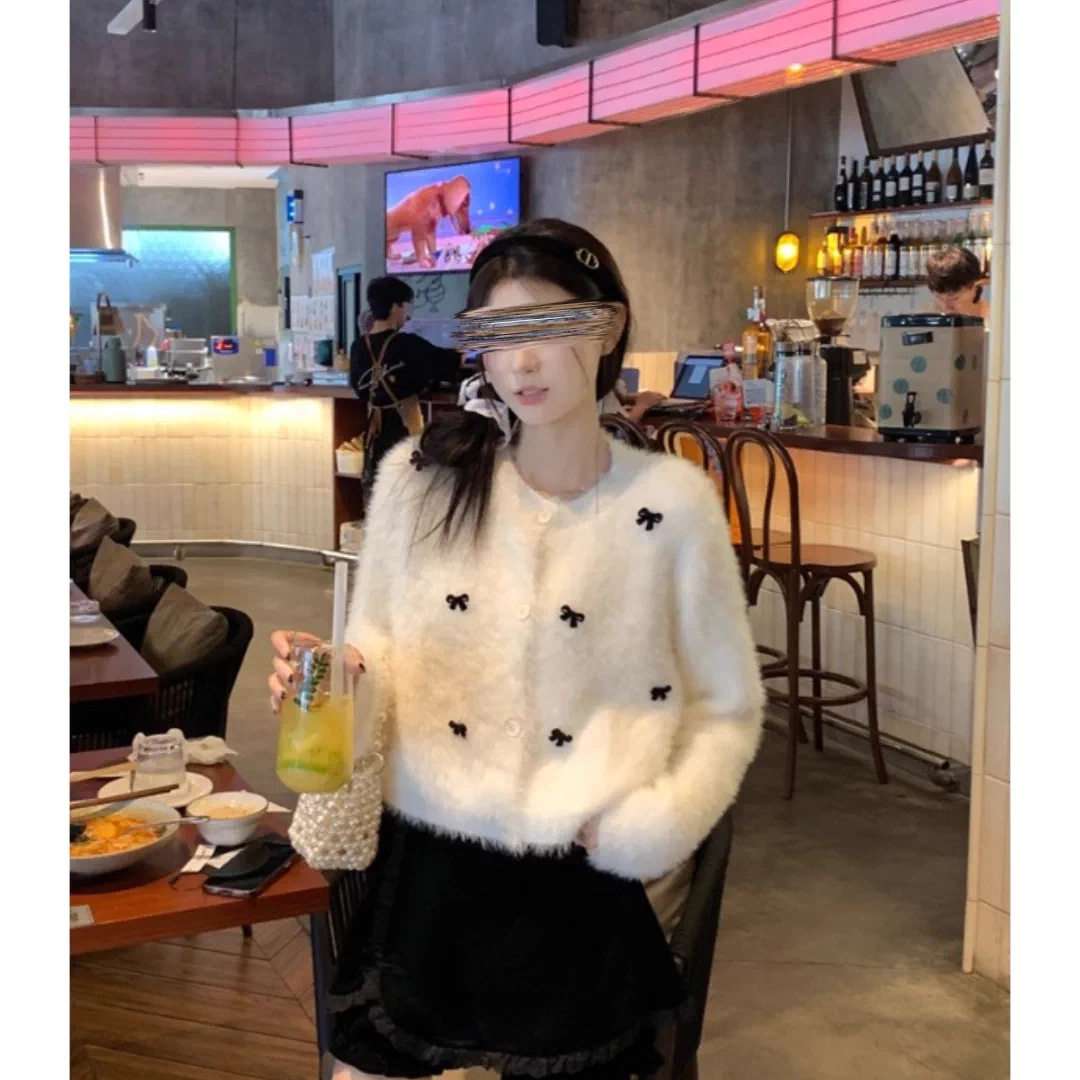 短款针织衫圆领蝴蝶结水貂毛衣秋冬新款高级外套春秋针织开衫上衣