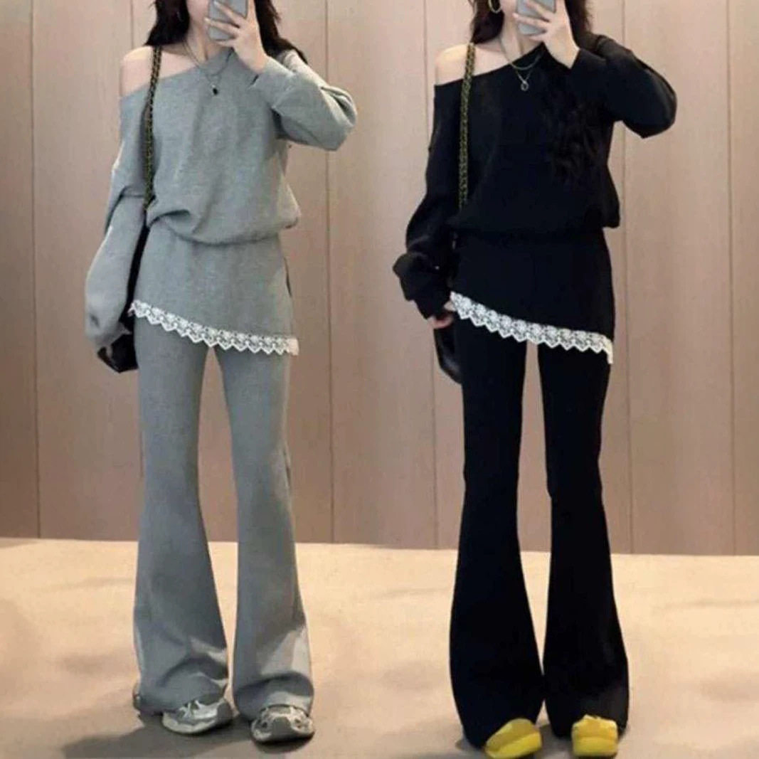 灰色露肩卫衣套装女早秋韩系休闲运动减龄蕾丝拼接喇叭长裤两件套