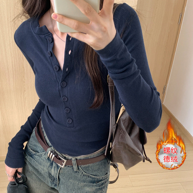 亨利领藏蓝色加绒长袖内搭打底衫女秋季修身紧身chic好看穿搭上衣