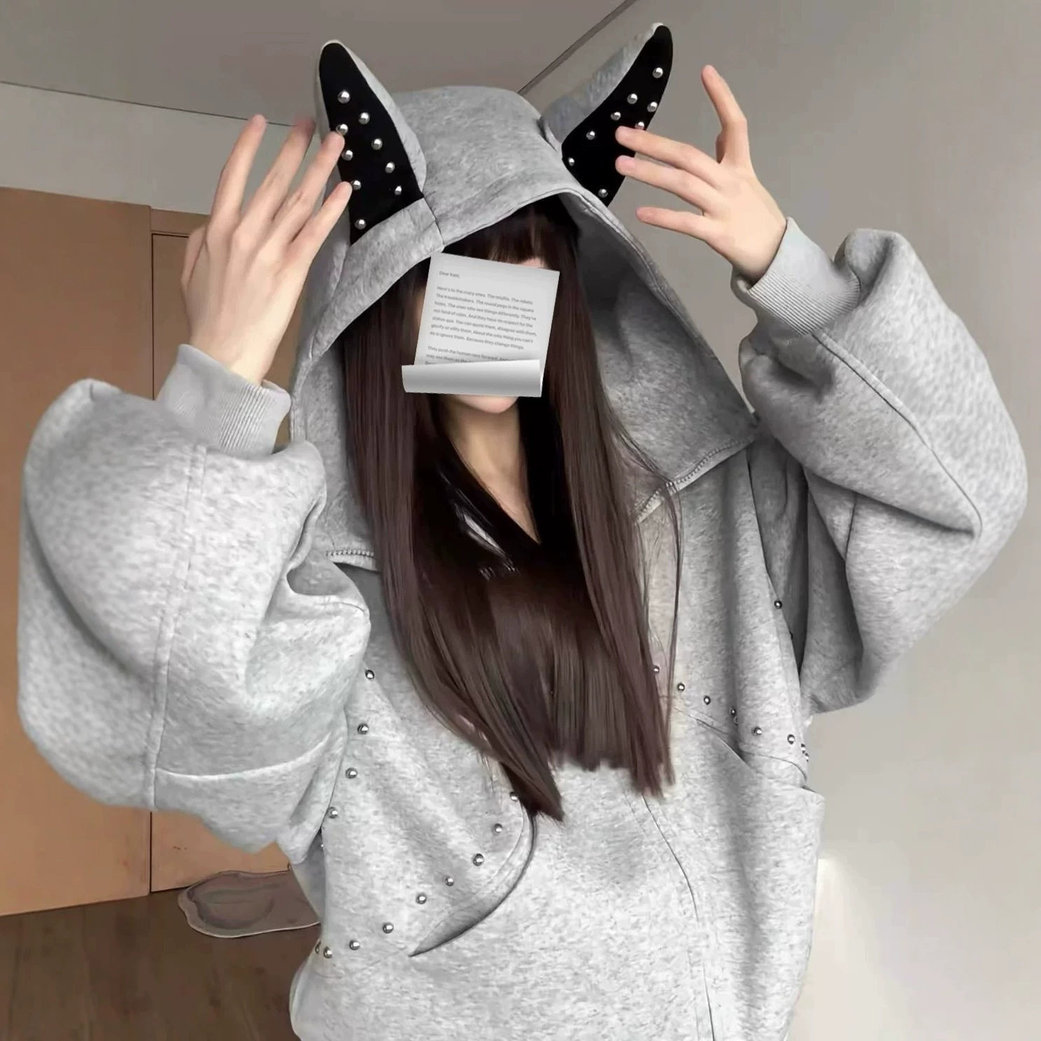 美式铆钉杜宾犬耳朵连帽卫衣女秋冬宽松甜酷风设计感短款开衫外套