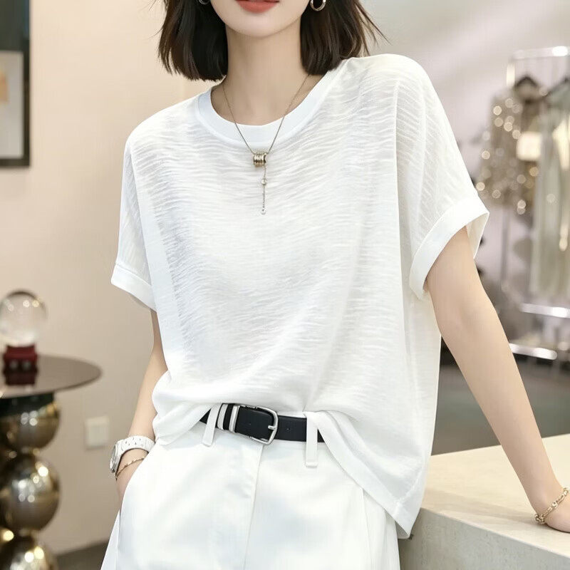 白色圆领竹节棉T恤女短袖夏季宽松韩系纯棉显瘦时尚胖mm正肩上衣