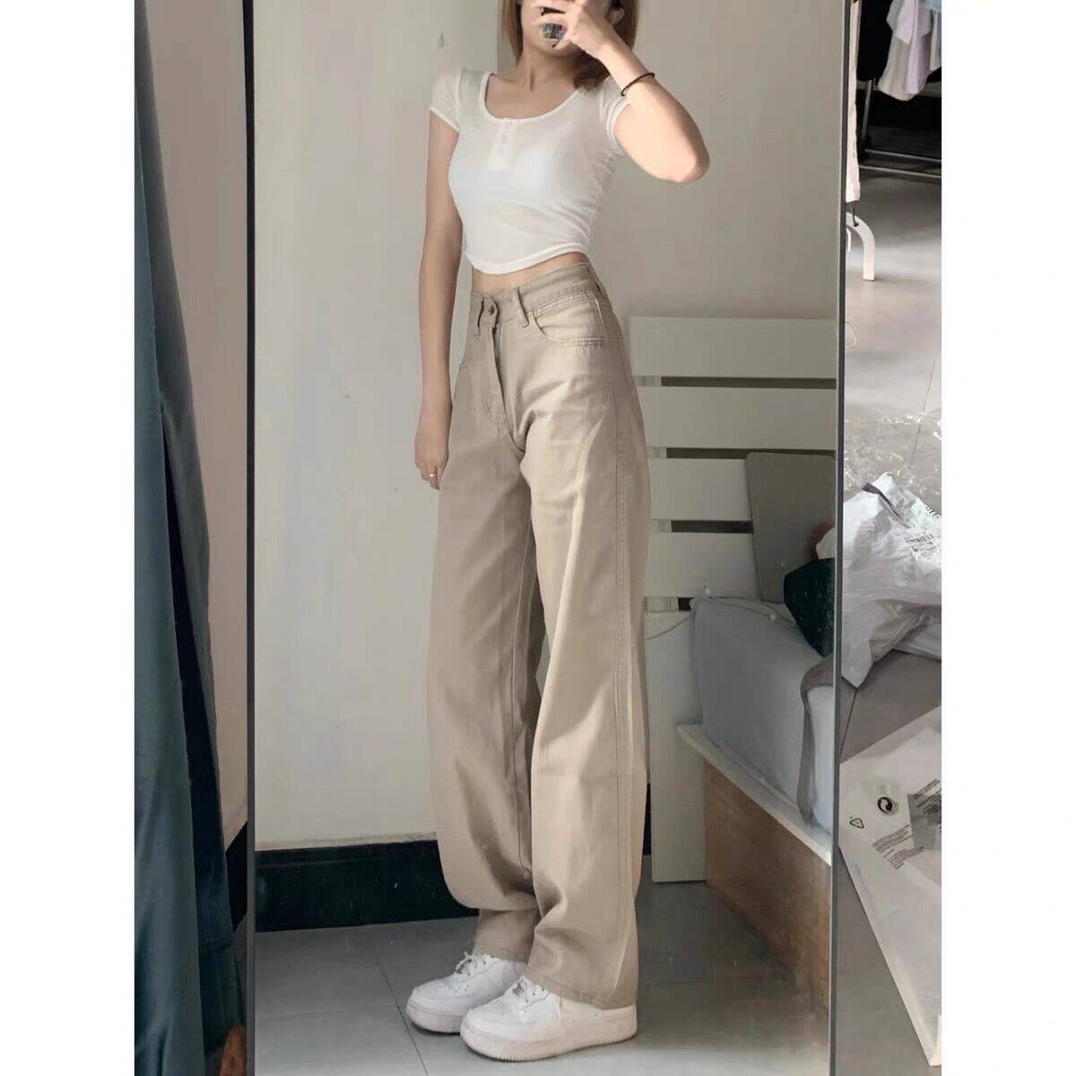 美式秋季纯色街舞拖地百搭女士牛牛仔裤