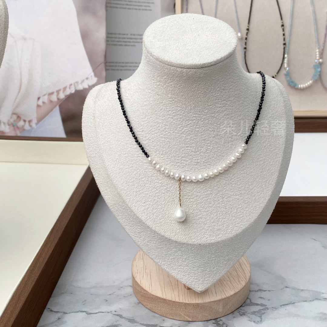 天然珍珠项链异形baby珠极细2mm黑色锆石切面钛钢串珠锁骨链法式