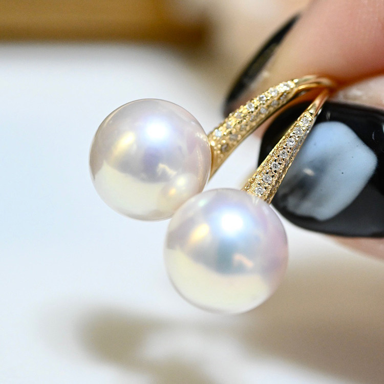 18k黄金色钻石10-11mm海水珍珠耳钩空托时尚高跟鞋圆形裸珠白金托