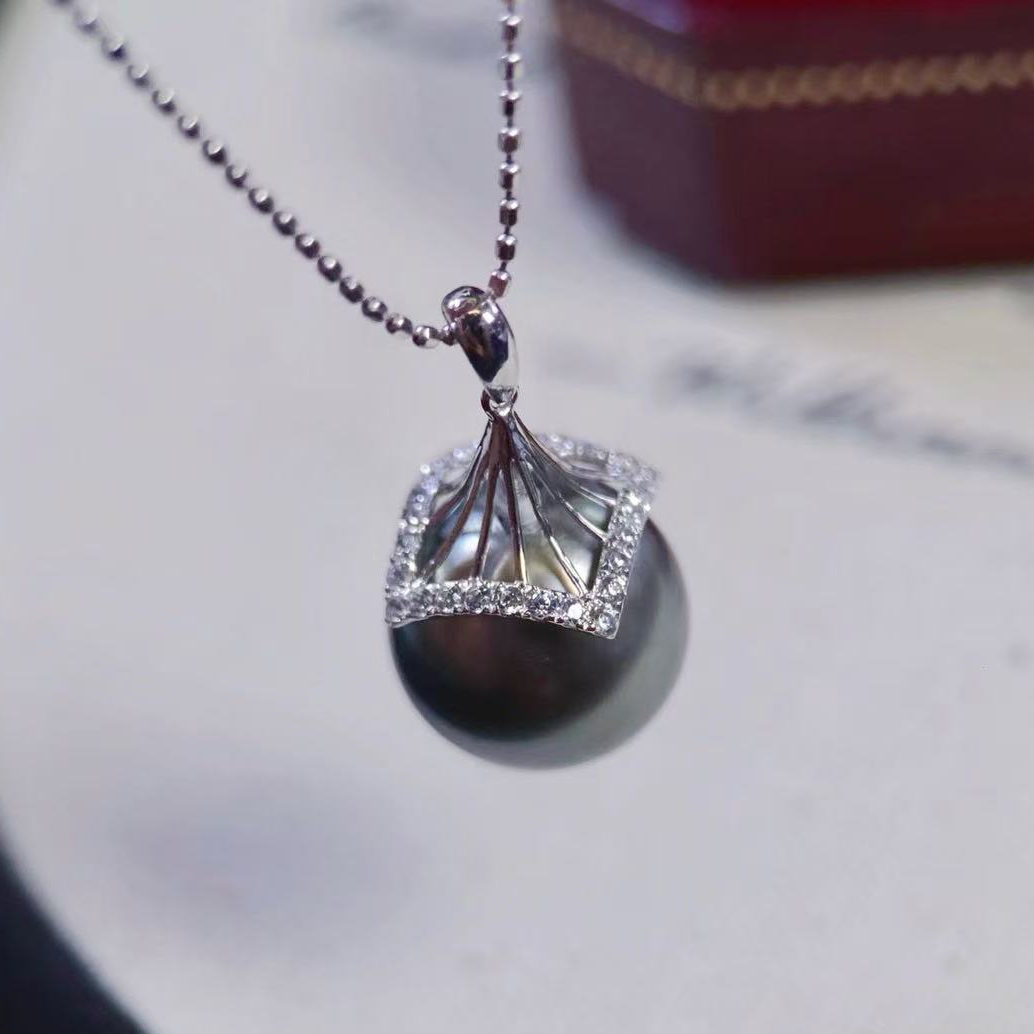 铂金PT900锆石11-13mm海水珍珠吊坠配件精致伞形设计帽托裸珠空托