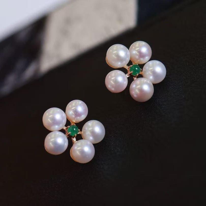 18k金翡翠4-5mm淡水珍珠耳钉配件时尚花朵多珠款裸珠耳环diy空托