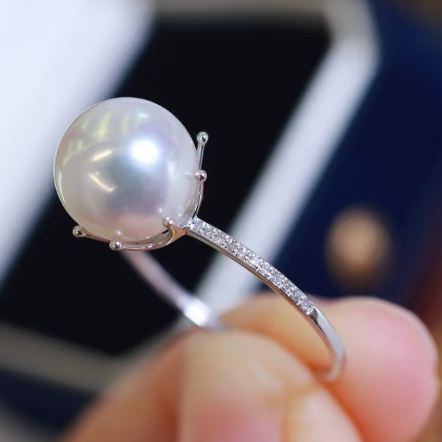18K金钻石9-10mm淡水珍珠戒指配件精致皇冠珍珠托裸珠diy戒托空托