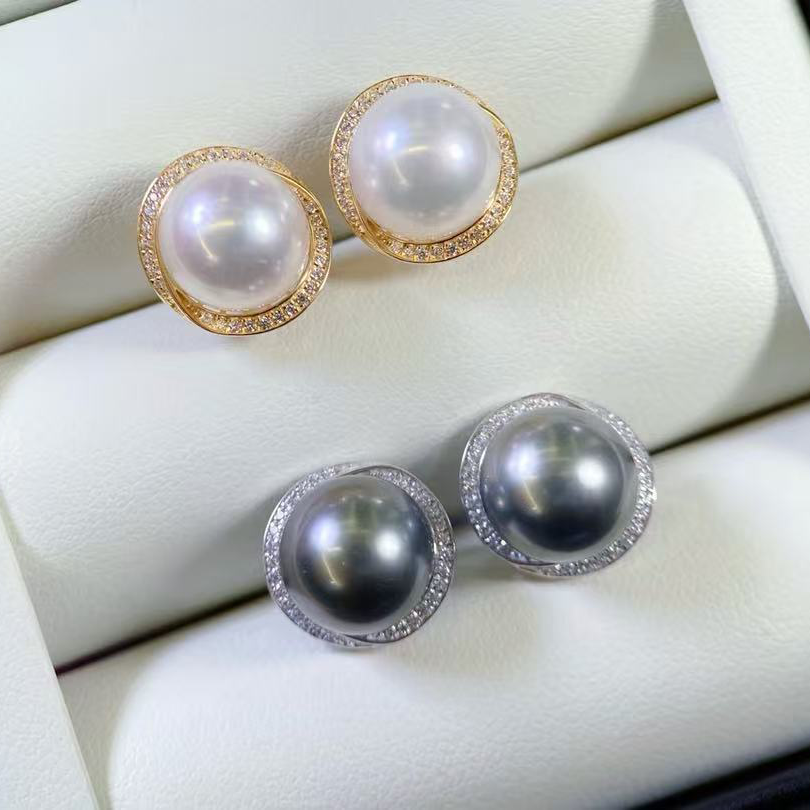 18k金钻石10-11mm淡水珍珠耳钉配件经典花型设计裸珠耳饰底托空托