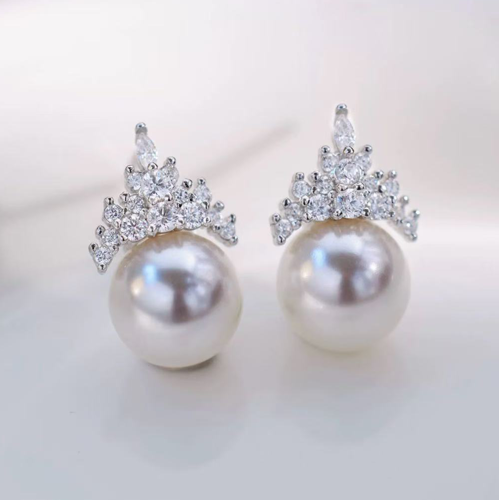 铂金PT900锆石9-10mm海水珍珠耳钉配件气质冰雪女王裸珠耳环空托