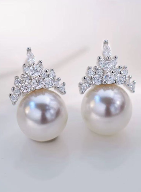 铂金PT900锆石9-10mm海水珍珠耳钉配件气质冰雪女王裸珠耳环空托