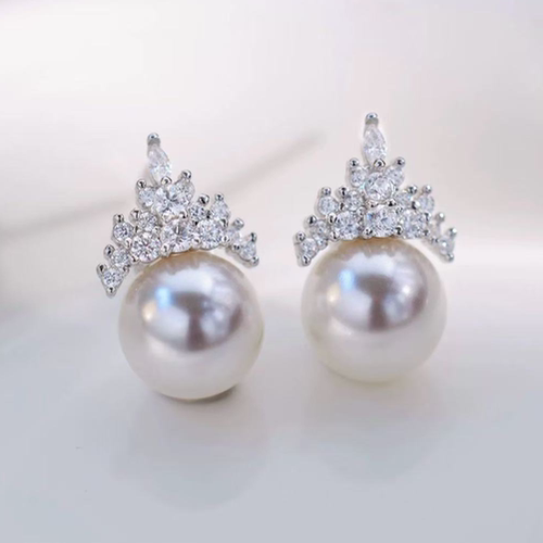 铂金PT900锆石9-10mm海水珍珠耳钉配件气质冰雪女王裸珠耳环空托