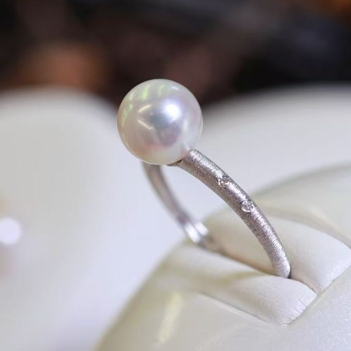 18k金钻石7-9mm海水珍珠戒指配件经典简约拉丝工艺圆形裸珠戒托