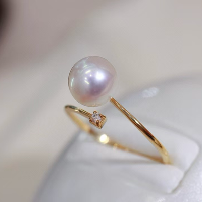 18k金锆石6-9mm淡水珍珠戒指配件简约开口戒设计圆形裸珠diy空托