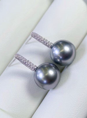 铂金PT900锆石9-12mm海水珍珠耳钉配件简约竖条设计裸珠耳饰空托