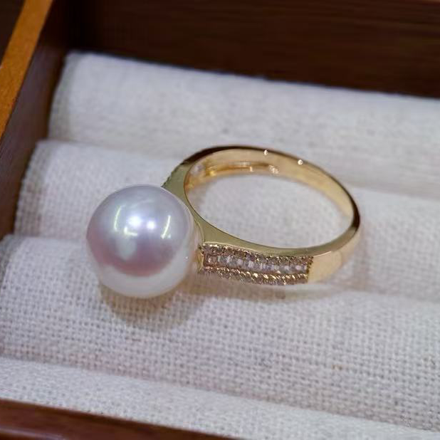 18k金锆石10-11mm淡水珍珠戒指配件时尚简洁大方裸珠diy戒托空托