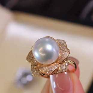 18k金钻石12-14mm淡水珍珠戒指配件豪华花型设计吊坠两戴款空托