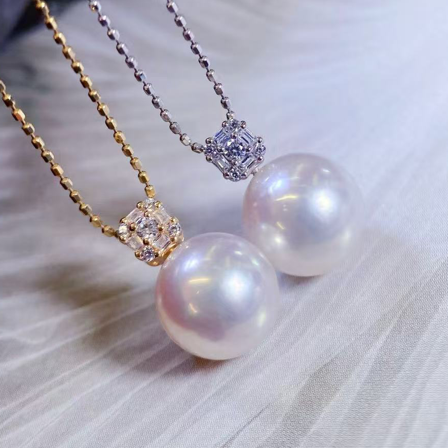 18k金锆石8-12mm淡水珍珠吊坠配件经典拼接小方糖设计裸珠diy空托