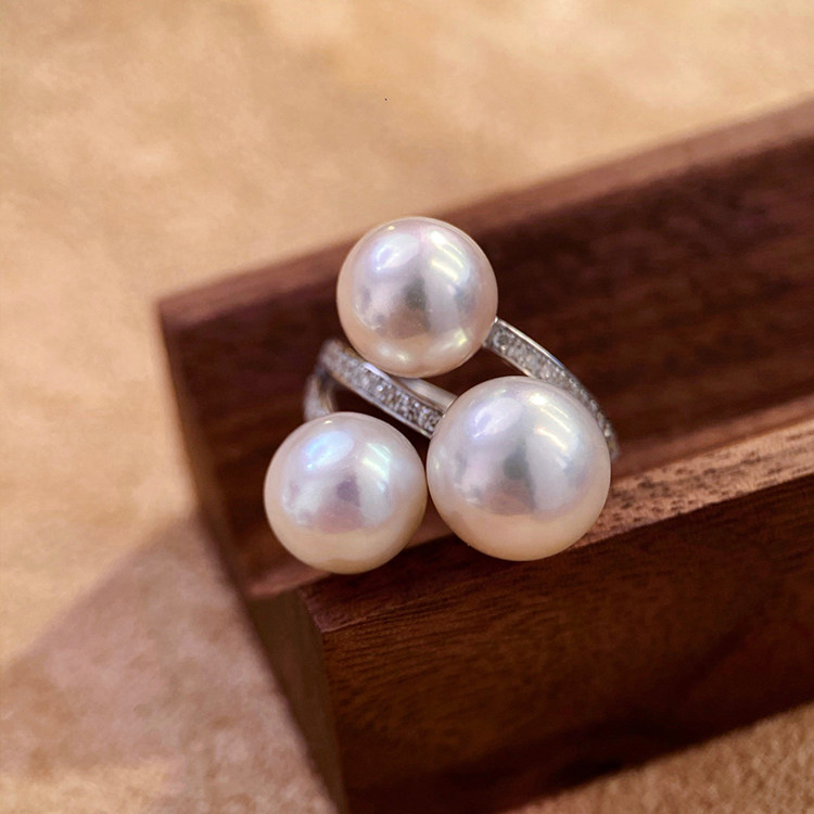 18k金钻石三圈多珠裸珠戒指空托