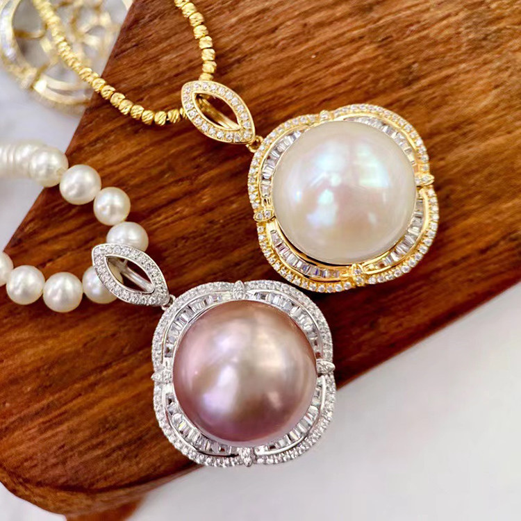 18k黄金色锆石13-14mm淡水珍珠吊坠配件豪华小花圆形裸珠白金底托