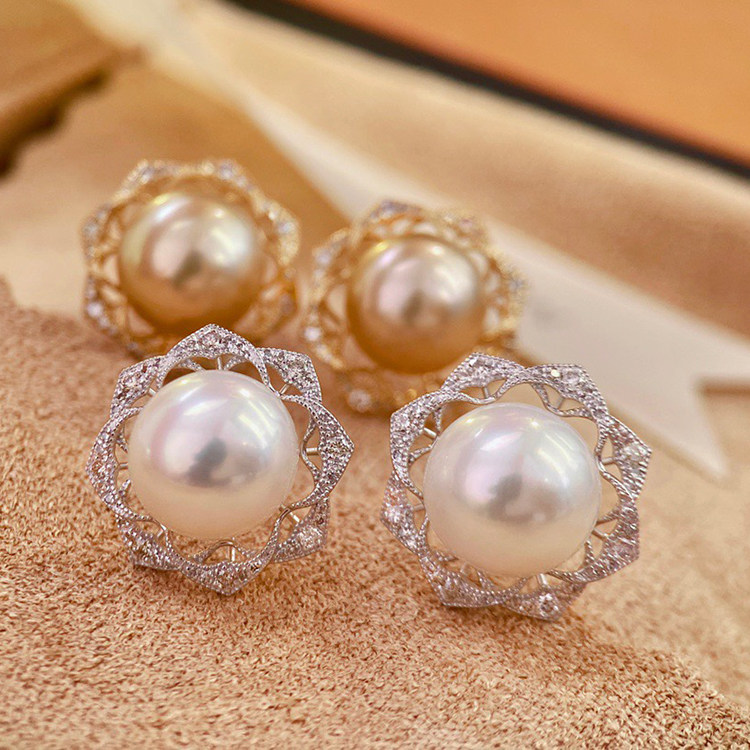 18K黄金色钻石10-11mm海水珍珠耳钉配件气质花型底托圆形裸珠空托