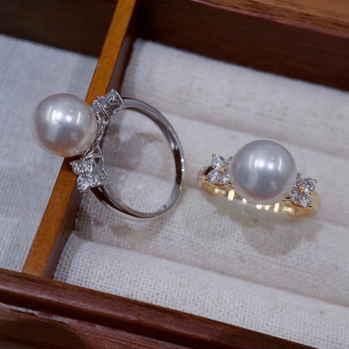 18k金锆石9-10mm淡水珍珠戒指