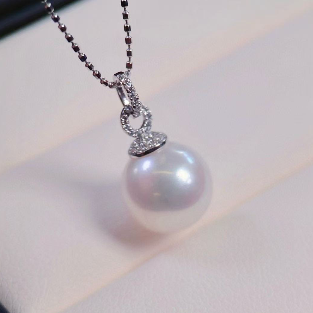 铂金PT900锆石10-13mm海水珍珠吊坠配件轻奢圈圈扣圆形裸珠空托