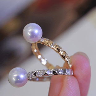 18k金钻石7-9mm海水珍珠戒指配件精致小香风圆形裸珠白金diy戒托