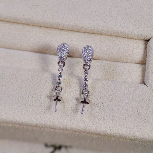 铂金PT900锆石8-11mm海水珍珠耳钉配件精致灵动长款裸珠耳饰空托