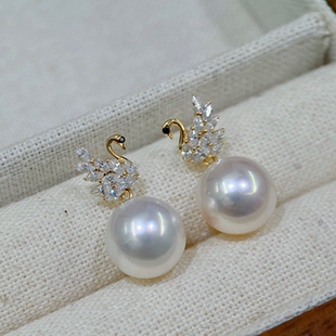 18k金锆石8-10mm淡水珍珠耳钉配件精致白天鹅圆形裸珠耳饰DIY空托