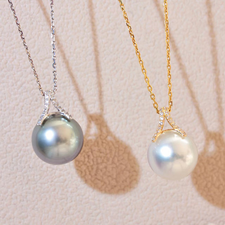 18k黄金色锆石11-12mm海水珍珠吊坠配件时尚铁塔圆形裸珠白金空托