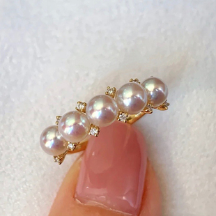 18K金钻石4-5mm海水珍珠戒指配件转运五珠多珠圆形裸珠指环空托