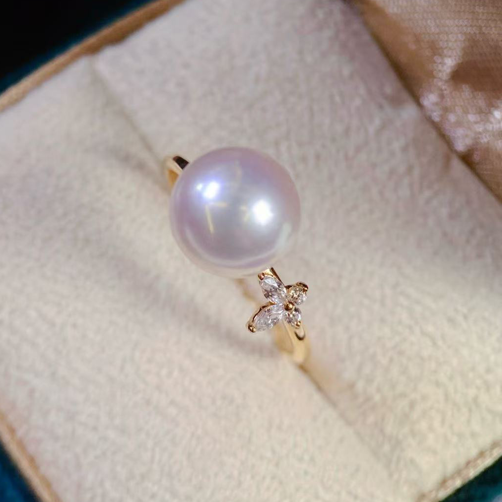 18k金锆石7-9mm淡水珍珠戒指配件精致单边小蝴蝶设计裸珠diy戒托