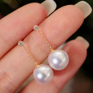 18K黄金色锆石8-10mm天然淡水珍珠耳钉配件简约灵动长款裸珠空托