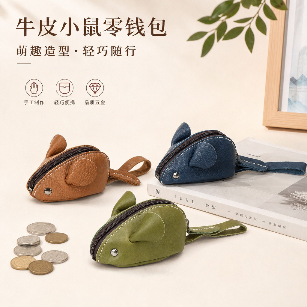 跨境热销真皮零钱包时尚老鼠卡通儿童钥匙包多功能牛皮收纳包